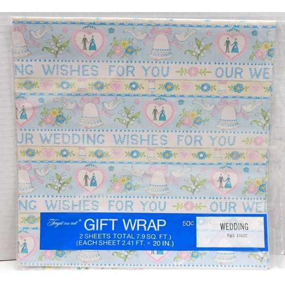 Vtg Wedding Gift Wrapping Paper 2 Sheets 7.9 Sq. Ft. Hearts Bells Doves - Picture 1 of 6